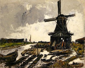 オランダ《木挽き風車のある運河の風景》1885年頃（油彩・キャンバス） 作： Paul Baum
