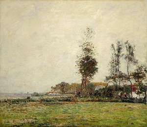 オランダ、木と家のある風景 作： Paul Baum