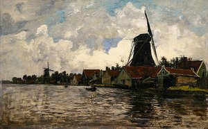 オランダ、2つの風車のある川の風景（木に油彩） 作： Paul Baum