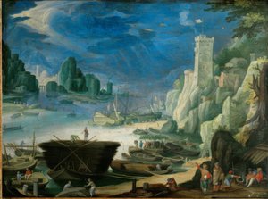 灯台のある夜行性の港の風景 作： Paul Bril