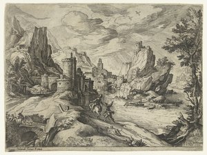 都市と旅行者とカンパニアの岩の多い海岸 作： Paul Bril