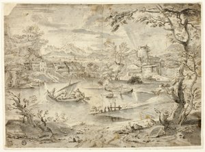 フォア グラウンドで漁船と都市のビュー 作： Paul Bril