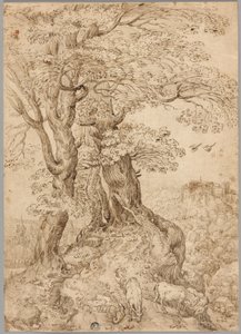 ロバとヤギのいる樹木が茂った風景、遠くに丘の上の城 作： Paul Bril