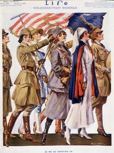 旗を掲げて飛行するアメリカの女性たち（兵士、農民、看護婦）。1919年06月02日の "Life"。 作： Paul C. Stahr