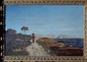 1866年のマルセイユ周辺：かごを頭に乗せて道を歩く女性がいる海の風景。ポール・カミーユ・ギグー（1834-1871）の絵画。1866.興味津々。ペリゴール美術館