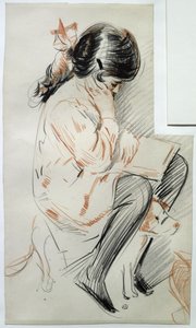 彼女のおもちゃの犬に座っているポーレット読書（紙に色鉛筆） 作： Paul Cesar Helleu