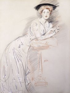 テーブルに寄りかかってミステイラーの肖像画、 作： Paul Cesar Helleu