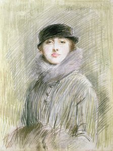 毛皮の襟とマフを持つ女性の肖像画、20世紀（デッサン） 作： Paul Cesar Helleu