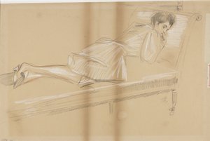 ソファに寄りかかる女性 作： Paul Cesar Helleu