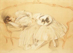 ソファの上の若い女性。ソファの上の若い女性、