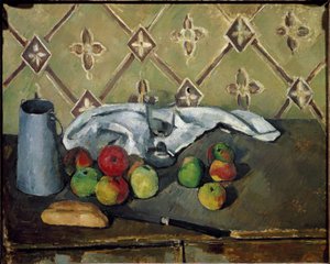 果物、ナプキン、ミルクボックス - キャンバスに油彩 作： Paul Cézanne