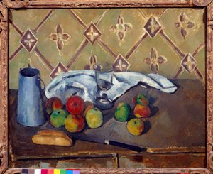 果物、タオル、パン、牛乳箱 ポール・セザンヌ（1839-1906）の絵画 1880年 日。0,6x0,73 m パリ、オランジュリー美術館 作： Paul Cézanne