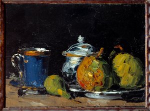 砂糖入れ、青いカップと洋ナシ ポール・セザンヌ（1839-1906）の絵画 1866年 エクス・アン・プロヴァンスグラネ美術館 作： Paul Cézanne