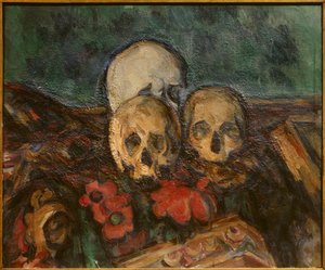 東洋の絨毯に描かれた3枚の皮 ポール・セザンヌ（1839-1906）の絵画 1898年 ソロトゥルン。Kunstmuseum。- 東洋の絨毯の上の3つの頭蓋骨ポール・セザンヌ（1839-1906）の絵画 作： Paul Cézanne
