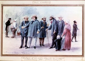フランスの作家、オノレ・ド・バルザック（1799-1850）とその友人たちは、1840年にアヴレイの町で農民に変装しています。ポール・シャルダン（1833～）が記憶を頼りに描いた水彩画。 作： Paul Chardin