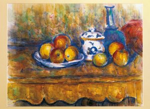 オーストリア、ウィーン、青いボトルのある静物、油絵 作： Paul Cézanne