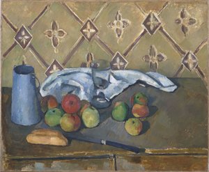 フルーツ、セルビエット、ミルクの水差し 作： Paul Cézanne