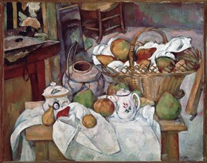 台所のテーブル」または「バスケットのある静物」 - 油彩・キャンバス 作： Paul Cézanne