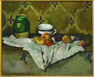 静物（陶器、カップ、フルーツ 作： Paul Cézanne