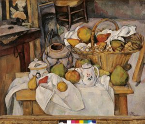 バスケットまたはキッチンテーブルのある静物 作： Paul Cézanne