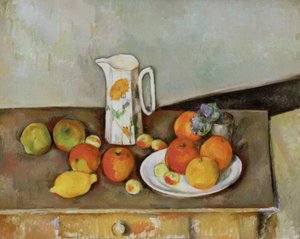 静物：テーブルの上のミルクの水差しと果物 作： Paul Cézanne