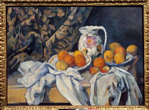 カーテンの上の静物。ポール・セザンヌ（1839-1906）の絵画