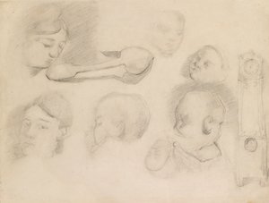 子供の頭、女性の頭、スプーン、および長いケースの時計の研究、c1872 作： Paul Cézanne