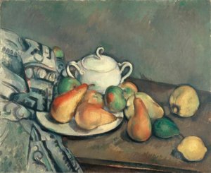シュガーボウル、洋ナシ、カーペット 作： Paul Cézanne
