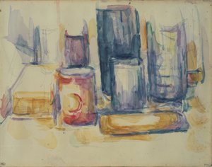 キッチンテーブル：ポットとボトル 作： Paul Cézanne