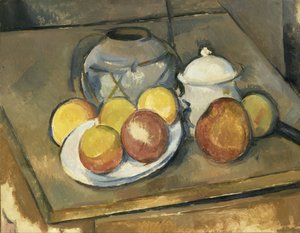 花瓶、シュガーボウル、リンゴ 作： Paul Cézanne