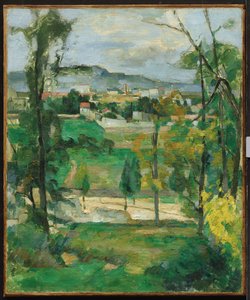 木の後ろの村、イルドフランス、c.1879 作： Paul Cézanne
