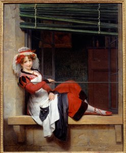 プロムの仮面を待つ人 窓の端に腰掛ける若い女性。ポール・エミール・デストゥーシュ（1794-1874）の絵画 19世紀 ナント美術博物館 作： Paul Emile Detouche