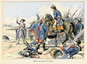 ダイル川の橋の上のオッシュ。1793年3月、ルーベン（ベルギー）前のダイル川の通路で退却を援護しながら、ラザール・オッシュ（1768-1797）はオーストリア軍と戦った - エミール・ブーティニー（1853-1929）のイラスト テオドールの「オッシュ＝マルソー＝デサイス」に掲載されている。 作： ポール・エミール・ブティニー