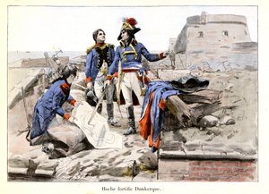 ダンケルクを要塞化したオッシュ：1793年、ラザール・オッシュ（1768-1797）准将は、敵が車を運転できないように街を難しくして、イギリス軍からダンケルクを守った-エミール・ブティニー（1853-1929）のイラスト テオドールの「オッシュ＝マルソー＝デセア」では、「オッシュ＝マルソー＝デセア」と呼ばれている。