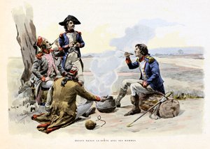 部下と一緒にスープを食べるルイ・シャルル・アントワーヌ・デザイクス・ド・ヴェイグー（1768-1800） - Emile Boutigny（1853-1929）のイラスト Theodore Cahu（1854-1928）の「Hoche-Marceau-Desaix」に掲載 - 個人蔵 - Louis Charles Antoine Desaix de Veygoux (1768-1800) ea