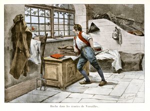ヴェルサイユ宮殿の厩舎でのガラガラ声。ラザール・オッシュ（1768-1797）は14歳で王室の厩舎に入り、助手を務めた - エミール・ブティニー（1853-1929）のイラスト テオドール・カフ（1854-1928）の「オッシュ＝マルソー＝デゼア」に掲載 - 個人蔵