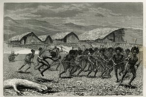 公教育省から科学的使命を与えられたアシール・ラフレイが1876年から1877年にかけて行ったニューギニーへの航海を説明するためのE.Mesplesによる彫刻で、「ツアー・ド」に掲載されている。 作： Paul Eugene (after) Mesples