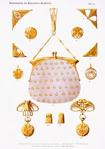 ジュエリーデザイン、プレート11、「Documents de Bijouterie et Orfeverie modernes」、パリ、アンリローレンス発行、1900年頃（彩色クロモト） 作： Paul Follet