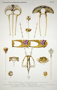 1900年頃、パリのHenri Laurens社から出版された「Documents de Bijouterie et Orfeverie modernes」のプレート4に描かれたジュエリーのデザイン（着色されたクロモリ写真）