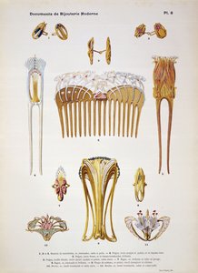 ジュエリーデザイン、プレート8、「Documents de Bijouterie et Orfeverie modernes」、パリアンリローレンス発行、1900年頃（彩色クロモト）