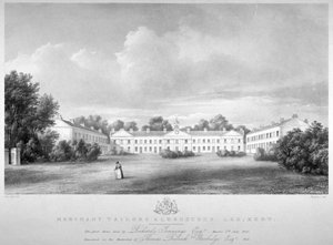 1826 年、ロンドン、ルイシャムのリー ハイ ロードにあるマーチャント テイラー家の救貧院の眺め。