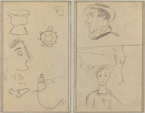 似顔絵と五つの形。 横顔の男、有翼の生き物、少年 [裏面] 作： Paul Gauguin