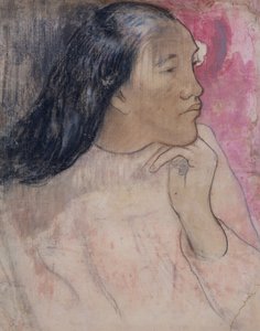 髪に花が咲くタヒチの女性、1891〜92年（木炭、パステル、ウォッシュ） 作： Paul Gauguin