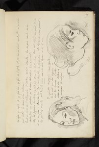 Avant et après - 少女の頭を描いたテキストと2枚のドローイング 作： Paul Gauguin