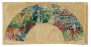 山水とひな像をあしらったうちわの図案
