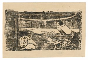 後期木版画のスイートからのタヒチの小屋の内部 作： Paul Gauguin