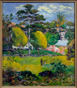 風景はタヒチかもしれない。ポール・ゴーギャン（1848-1903）の絵画 1901年 日0.76x0.65 m パリ、オランジュリー美術館