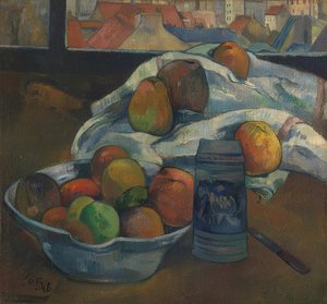 フルーツボウルと水差しの窓の前。おそらく1890年 作： Paul Gauguin