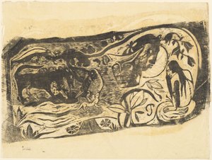 1895 年以降の角のある悪魔 Planche au diable cornu の頭のプレート。 作： Paul Gauguin