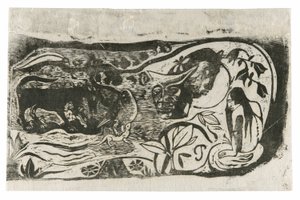 角のある悪魔の頭を持つプレート、後期木版画のスイートから 作： Paul Gauguin